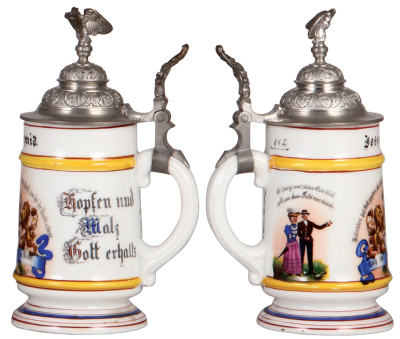 Three porcelain steins, .5L, transfer & hand-painted, Occupational Ökonomie [Farmer], pewter lid, mint; with, .5L, transfer & hand-painted, Occupational Käserei [Cheesemaker], pewter lid, mint; with, .5L, transfer & hand-painted, Occupational Müller [Mill - 4