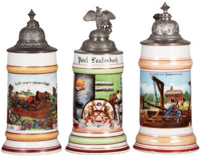 Three porcelain steins, .5L, transfer & hand-painted, Occupational Ökonomie [Farmer], pewter lid, mint; with, .5L, transfer & hand-painted, Occupational Bäcker [Baker], pewter lid, mint; with, .5L, transfer & hand-painted, Occupational Zimmermann [Constru