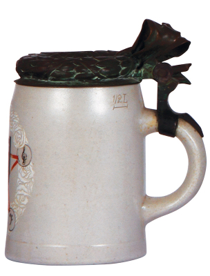 Stoneware stein, .5L, transfer & hand-painted, marked M. & W. Gr., unusual copper lid, mint. - 2