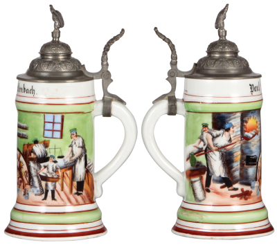 Three porcelain steins, .5L, transfer & hand-painted, Occupational Ökonomie [Farmer], pewter lid, mint; with, .5L, transfer & hand-painted, Occupational Bäcker [Baker], pewter lid, mint; with, .5L, transfer & hand-painted, Occupational Zimmermann [Constru - 3