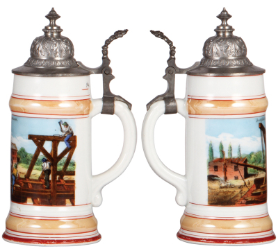 Three porcelain steins, .5L, transfer & hand-painted, Occupational Ökonomie [Farmer], pewter lid, mint; with, .5L, transfer & hand-painted, Occupational Bäcker [Baker], pewter lid, mint; with, .5L, transfer & hand-painted, Occupational Zimmermann [Constru - 4