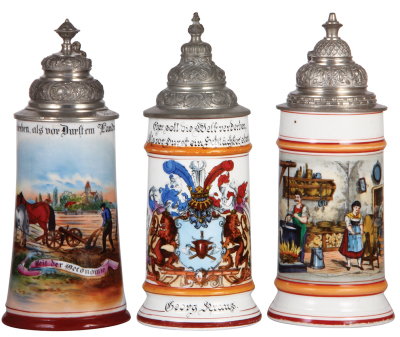 Three porcelain steins, .5L, transfer & hand-painted, Occupational Landmann [Farmer], pewter lid, mint; with, .5L, transfer & hand-painted, Occupational Schlächter [Butcher], Mainz 1906, pewter lid, pewter tear repaired, body mint; with, .5L, transfer & h