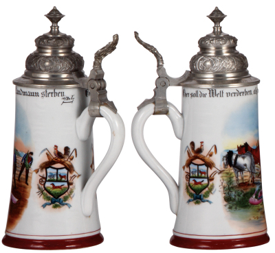 Three porcelain steins, .5L, transfer & hand-painted, Occupational Landmann [Farmer], pewter lid, mint; with, .5L, transfer & hand-painted, Occupational Schlächter [Butcher], Mainz 1906, pewter lid, pewter tear repaired, body mint; with, .5L, transfer & h - 2