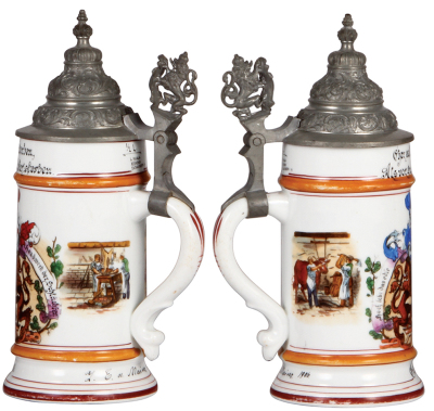 Three porcelain steins, .5L, transfer & hand-painted, Occupational Landmann [Farmer], pewter lid, mint; with, .5L, transfer & hand-painted, Occupational Schlächter [Butcher], Mainz 1906, pewter lid, pewter tear repaired, body mint; with, .5L, transfer & h - 3