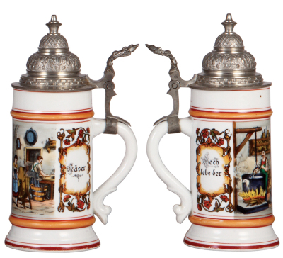 Three porcelain steins, .5L, transfer & hand-painted, Occupational Landmann [Farmer], pewter lid, mint; with, .5L, transfer & hand-painted, Occupational Schlächter [Butcher], Mainz 1906, pewter lid, pewter tear repaired, body mint; with, .5L, transfer & h - 4