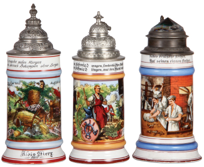 Three porcelain steins, .5L, transfer & hand-painted, Occupational Landmann [Farmer], replaced old pewter lid, otherwise mint; with, .5L, transfer & hand-painted, Occupational Schmied [Blacksmith], pewter lid, mint; with, .5L, transfer & hand-painted, Occ