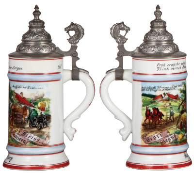 Three porcelain steins, .5L, transfer & hand-painted, Occupational Landmann [Farmer], replaced old pewter lid, otherwise mint; with, .5L, transfer & hand-painted, Occupational Schmied [Blacksmith], pewter lid, mint; with, .5L, transfer & hand-painted, Occ - 2