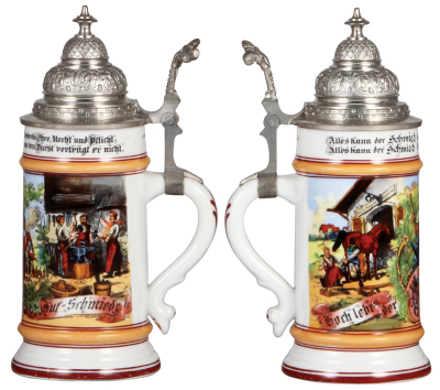 Three porcelain steins, .5L, transfer & hand-painted, Occupational Landmann [Farmer], replaced old pewter lid, otherwise mint; with, .5L, transfer & hand-painted, Occupational Schmied [Blacksmith], pewter lid, mint; with, .5L, transfer & hand-painted, Occ - 3