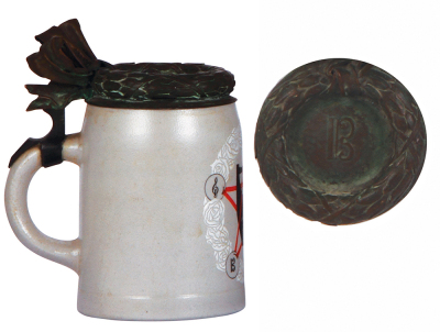 Stoneware stein, .5L, transfer & hand-painted, marked M. & W. Gr., unusual copper lid, mint. - 3