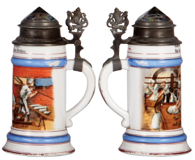 Three porcelain steins, .5L, transfer & hand-painted, Occupational Landmann [Farmer], replaced old pewter lid, otherwise mint; with, .5L, transfer & hand-painted, Occupational Schmied [Blacksmith], pewter lid, mint; with, .5L, transfer & hand-painted, Occ - 4