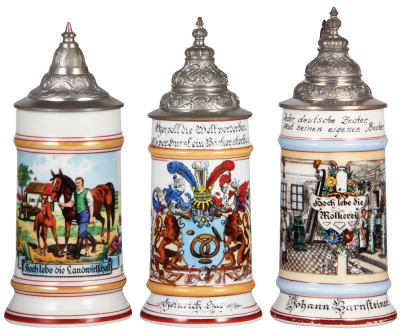 Three porcelain steins, .5L, transfer & hand-painted, Occupational Landwirtschaft [Farmer], pewter lid, mint; with, .5L, transfer & hand-painted, Occupational Bäcker [Baker], pewter lid, mint; with, .5L, transfer & hand-painted, Occupational Molkerei [Dai