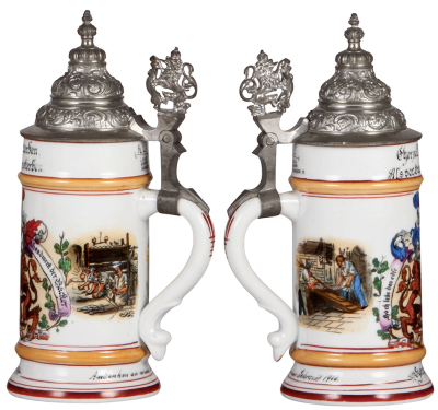 Three porcelain steins, .5L, transfer & hand-painted, Occupational Landwirtschaft [Farmer], pewter lid, mint; with, .5L, transfer & hand-painted, Occupational Bäcker [Baker], pewter lid, mint; with, .5L, transfer & hand-painted, Occupational Molkerei [Dai - 3