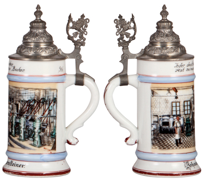 Three porcelain steins, .5L, transfer & hand-painted, Occupational Landwirtschaft [Farmer], pewter lid, mint; with, .5L, transfer & hand-painted, Occupational Bäcker [Baker], pewter lid, mint; with, .5L, transfer & hand-painted, Occupational Molkerei [Dai - 4