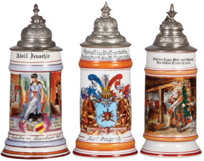 Three porcelain steins, .5L, transfer & hand-painted, Occupational Bäcker [Baker], pewter lid, pewter tear, mint; with, .5L, transfer & hand-painted, Occupational Schlächter [Butcher], pewter lid, mint; with, .5L, transfer & hand-painted, Occupational Sch