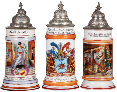 Three porcelain steins, .5L, transfer & hand-painted, Occupational Bäcker [Baker], pewter lid, pewter tear, mint; with, .5L, transfer & hand-painted, Occupational Schlächter [Butcher], pewter lid, mint; with, .5L, transfer & hand-painted, Occupational Sch