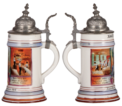 Three porcelain steins, .5L, transfer & hand-painted, Occupational Bäcker [Baker], pewter lid, pewter tear, mint; with, .5L, transfer & hand-painted, Occupational Schlächter [Butcher], pewter lid, mint; with, .5L, transfer & hand-painted, Occupational Sch - 2