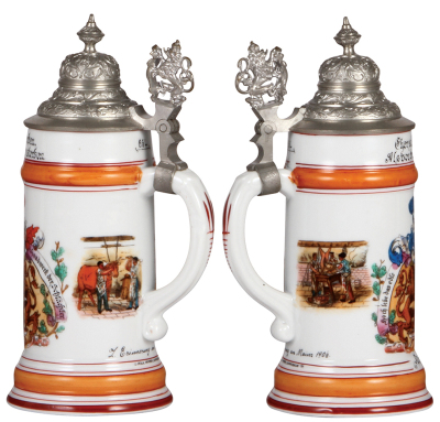 Three porcelain steins, .5L, transfer & hand-painted, Occupational Bäcker [Baker], pewter lid, pewter tear, mint; with, .5L, transfer & hand-painted, Occupational Schlächter [Butcher], pewter lid, mint; with, .5L, transfer & hand-painted, Occupational Sch - 3