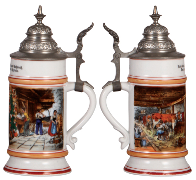 Three porcelain steins, .5L, transfer & hand-painted, Occupational Bäcker [Baker], pewter lid, pewter tear, mint; with, .5L, transfer & hand-painted, Occupational Schlächter [Butcher], pewter lid, mint; with, .5L, transfer & hand-painted, Occupational Sch - 4