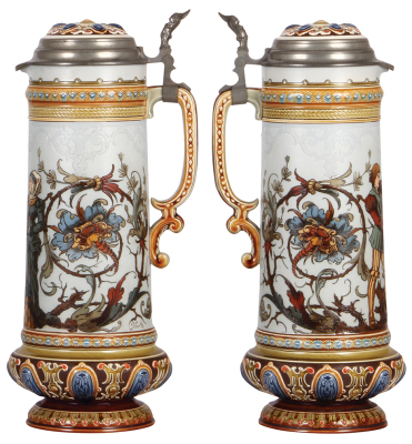 Mettlach stein, 2.1L, 14.8" ht., 1734, etched, by C. Warth, inlaid lid, long crack in rear. - 2