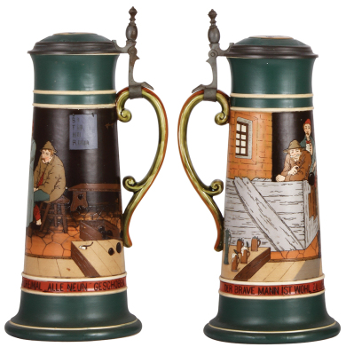 Mettlach stein, 3.1L, 16.4" ht., 2956, etched, inlaid lid, deteriorating inlay & handle repair. - 2