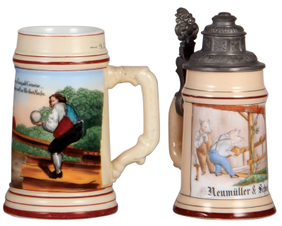 Two porcelain steins, .5L, transfer, man bowling, no lid, body mint; with, .25L, transfer, pigs bowling, replaced old pewter lid, body mint.