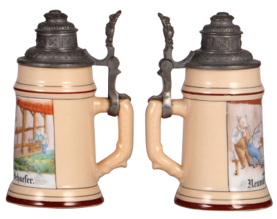 Two porcelain steins, .5L, transfer, man bowling, no lid, body mint; with, .25L, transfer, pigs bowling, replaced old pewter lid, body mint. - 3