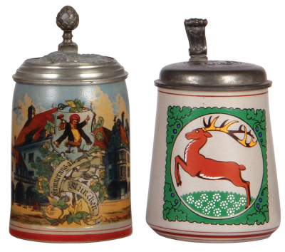 Two stoneware steins, .5L, transfer, Hofbräuhaus, relief pewter lid, 1" hairline; with, 5L, transfer & hand-painted, marked 1828, L. Hohlwein style, pewter lid, faint 2'' hairline on side, center hinge ring broken.