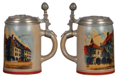 Two stoneware steins, .5L, transfer, Hofbräuhaus, relief pewter lid, 1" hairline; with, 5L, transfer & hand-painted, marked 1828, L. Hohlwein style, pewter lid, faint 2'' hairline on side, center hinge ring broken. - 2