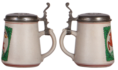 Two stoneware steins, .5L, transfer, Hofbräuhaus, relief pewter lid, 1" hairline; with, 5L, transfer & hand-painted, marked 1828, L. Hohlwein style, pewter lid, faint 2'' hairline on side, center hinge ring broken. - 4