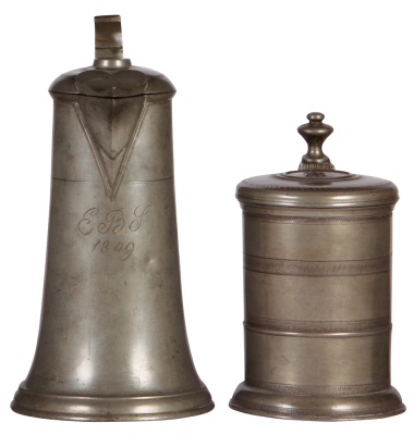 Two pewter tankards, flagon, 1.0L, 9.6'' ht., dated 1849 on body; with, tankard, 7.0'' ht., capacity pins in interior, hand-tooled, pewter lid, both very good condition