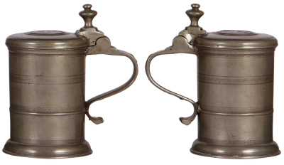 Two pewter tankards, flagon, 1.0L, 9.6'' ht., dated 1849 on body; with, tankard, 7.0'' ht., capacity pins in interior, hand-tooled, pewter lid, both very good condition - 2