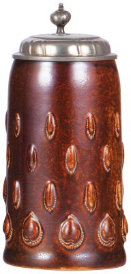 Stoneware stein, 1.0L, relief, marked 2314, made by Reinhold Merkelbach, brown saltglaze, Art Nouveau, pewter lid, mint.