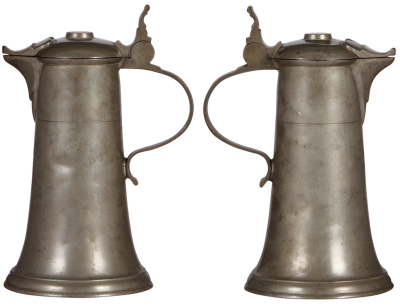 Two pewter tankards, flagon, 1.0L, 9.6'' ht., dated 1849 on body; with, tankard, 7.0'' ht., capacity pins in interior, hand-tooled, pewter lid, both very good condition - 3
