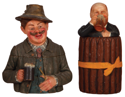 Two Tobacco jars, 8.8" ht., terra cotta, marked 8134, BB, Bloch, Man with Beer Stein; with, 8.8" ht. terra cotta, marked 3624, JM, Maresch, Cigars & Man Drinking, both in good condition with normal wear.