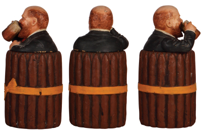 Two Tobacco jars, 8.8" ht., terra cotta, marked 8134, BB, Bloch, Man with Beer Stein; with, 8.8" ht. terra cotta, marked 3624, JM, Maresch, Cigars & Man Drinking, both in good condition with normal wear. - 3