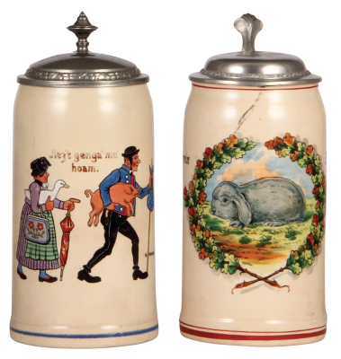 Two pottery steins, 1.0L, transfer & handpainted, signed M. Mandl, Jiez't genga' ma' hoam, pewter lid is an old replacement, words have some wear; with, 1.0L, transfer & handpainted, marked Gerz Fabrikmarke, Dem Bruderverein B16 gewidmet B 31 Neubiberg 24