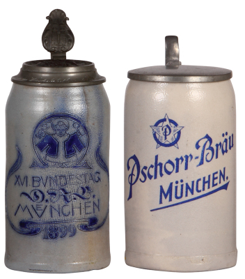 Two stoneware steins, 1.0L, incised, XVI. Bundestag, Muenchen 1899, brass inlaid lid, two 2'' hairlines; with, 1.0L, transfer, modern, Pschorr-Bräu München, pewter lid, base chip.