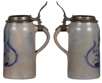 Two stoneware steins, 1.0L, incised, XVI. Bundestag, Muenchen 1899, brass inlaid lid, two 2'' hairlines; with, 1.0L, transfer, modern, Pschorr-Bräu München, pewter lid, base chip. - 2