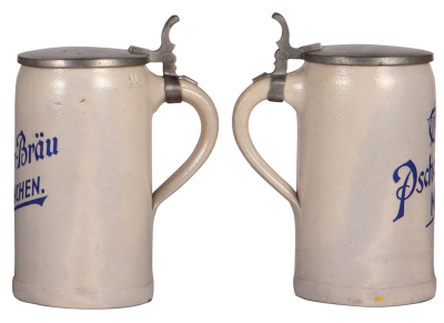 Two stoneware steins, 1.0L, incised, XVI. Bundestag, Muenchen 1899, brass inlaid lid, two 2'' hairlines; with, 1.0L, transfer, modern, Pschorr-Bräu München, pewter lid, base chip. - 4