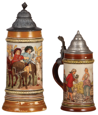 Two pottery steins, 1.0L, etched, marked H. R., 482 by Hauber & Reuther, pewter lid, has blemishes, owner I.D. on pewter, paint wear repainted & flaking; with, .4L, etched, marked H.R., 509, by Hauber & Reuther, pewter lid, one paint flake, otherwise mint