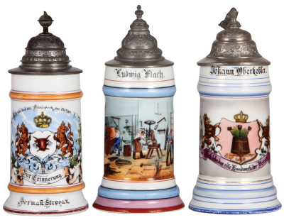 Three porcelain stein, .5L, transfer & hand-painted, Occupational Metzger [Butcher], with rare scene in rear: exercise station, barbells, finial poorly repaired, base band wear, faint lithophane line; with, Occupational Schlosser [Lockmaker], small pewter