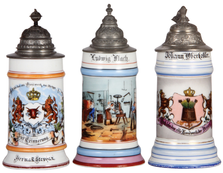 Three porcelain stein, .5L, transfer & hand-painted, Occupational Metzger [Butcher], with rare scene in rear: exercise station, barbells, finial poorly repaired, base band wear, faint lithophane line; with, Occupational Schlosser [Lockmaker], small pewter