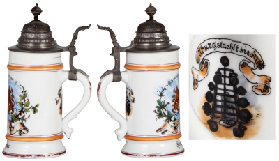 Three porcelain stein, .5L, transfer & hand-painted, Occupational Metzger [Butcher], with rare scene in rear: exercise station, barbells, finial poorly repaired, base band wear, faint lithophane line; with, Occupational Schlosser [Lockmaker], small pewter - 2