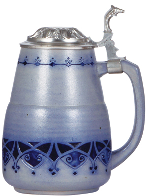 Stoneware stein, 1.0L, relief, marked 636, blue saltglaze, Art Nouveau, pewter lid, mint.