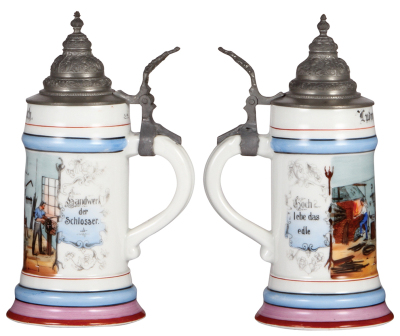 Three porcelain stein, .5L, transfer & hand-painted, Occupational Metzger [Butcher], with rare scene in rear: exercise station, barbells, finial poorly repaired, base band wear, faint lithophane line; with, Occupational Schlosser [Lockmaker], small pewter - 3