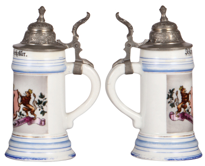 Three porcelain stein, .5L, transfer & hand-painted, Occupational Metzger [Butcher], with rare scene in rear: exercise station, barbells, finial poorly repaired, base band wear, faint lithophane line; with, Occupational Schlosser [Lockmaker], small pewter - 4