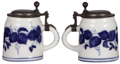 Three porcelain steins, .5L, transfer & hand-painted, lithophane, old replaced pewter lid, body mint; with, .3L, transfer & hand-painted, marked Czechoslovakia, replaced old pewter lid, body mint; with, .5L, transfer & hand-painted, bird & flowers, lithop - 2