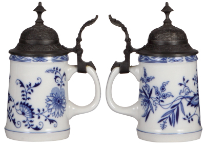 Three porcelain steins, .5L, transfer & hand-painted, lithophane, old replaced pewter lid, body mint; with, .3L, transfer & hand-painted, marked Czechoslovakia, replaced old pewter lid, body mint; with, .5L, transfer & hand-painted, bird & flowers, lithop - 3