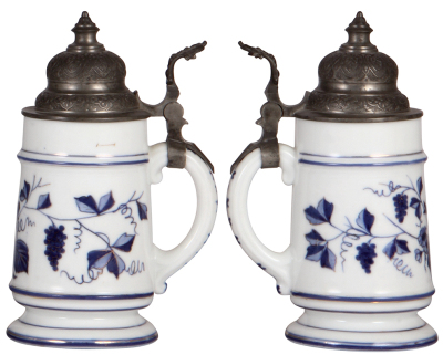 Three porcelain steins, .5L, transfer & hand-painted, lithophane, old replaced pewter lid, body mint; with, .3L, transfer & hand-painted, marked Czechoslovakia, replaced old pewter lid, body mint; with, .5L, transfer & hand-painted, bird & flowers, lithop - 4