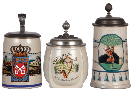 Three stoneware steins, .5L, transfer & hand-painted, 1810 - 1910, Kreis Ausstellung, Regensburg, pewter lid, 2'' hairline, pewter tear; with, .5L, music scene, 1912 - 1913, pewter lid, rim chips and hairline; with, .5L, man with beer stein, pewter lid, f